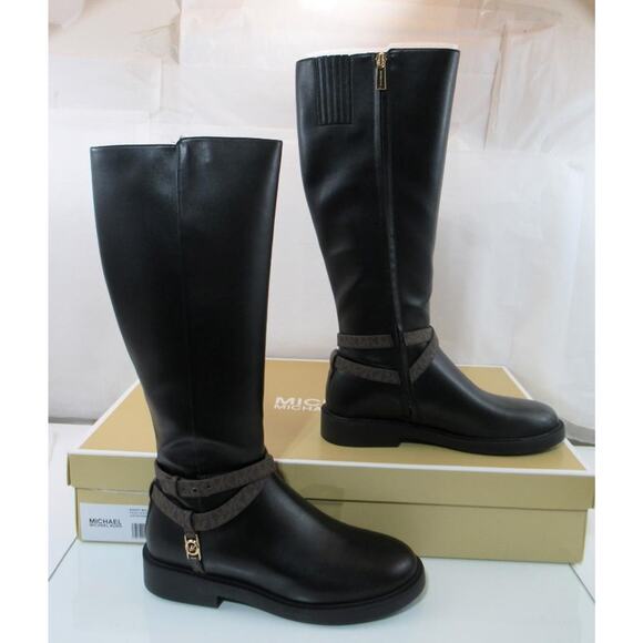 Michael Kors Mandy Knee High Riding Boot Slide Zipper MK Logo Black Size 9 - Picture 3 of 9